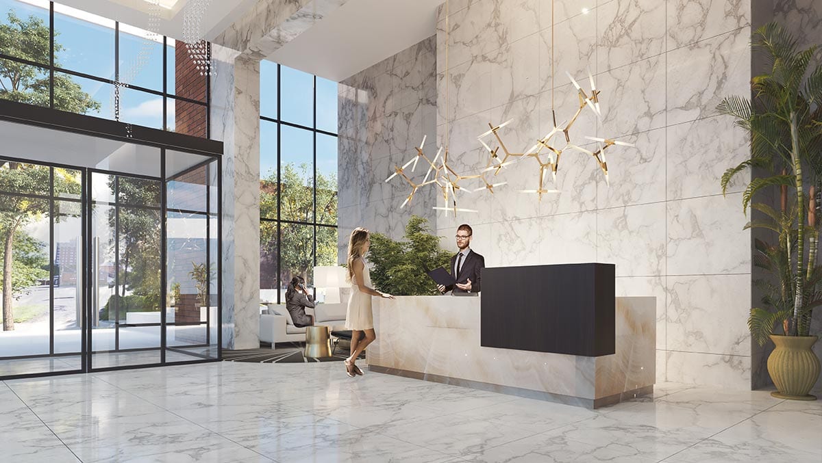 The View, lobby with concierge desk and full-height glazing