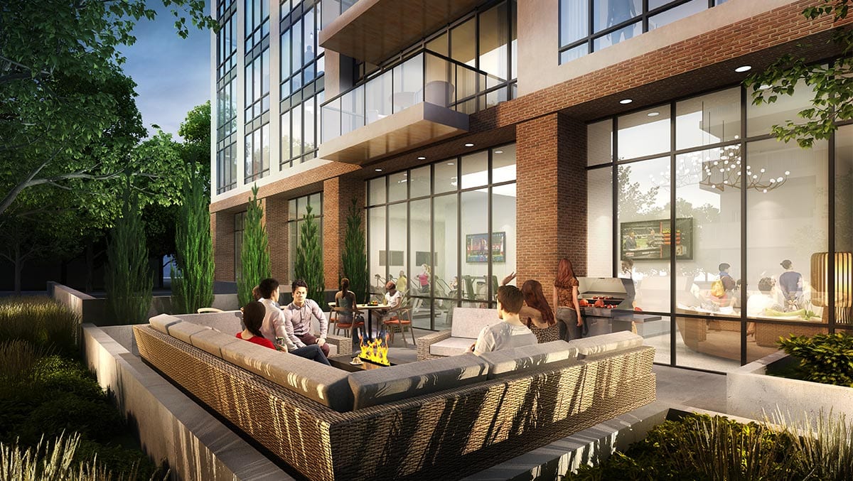 The View, outdoor amenity terrace with lounge seating and fire feature
