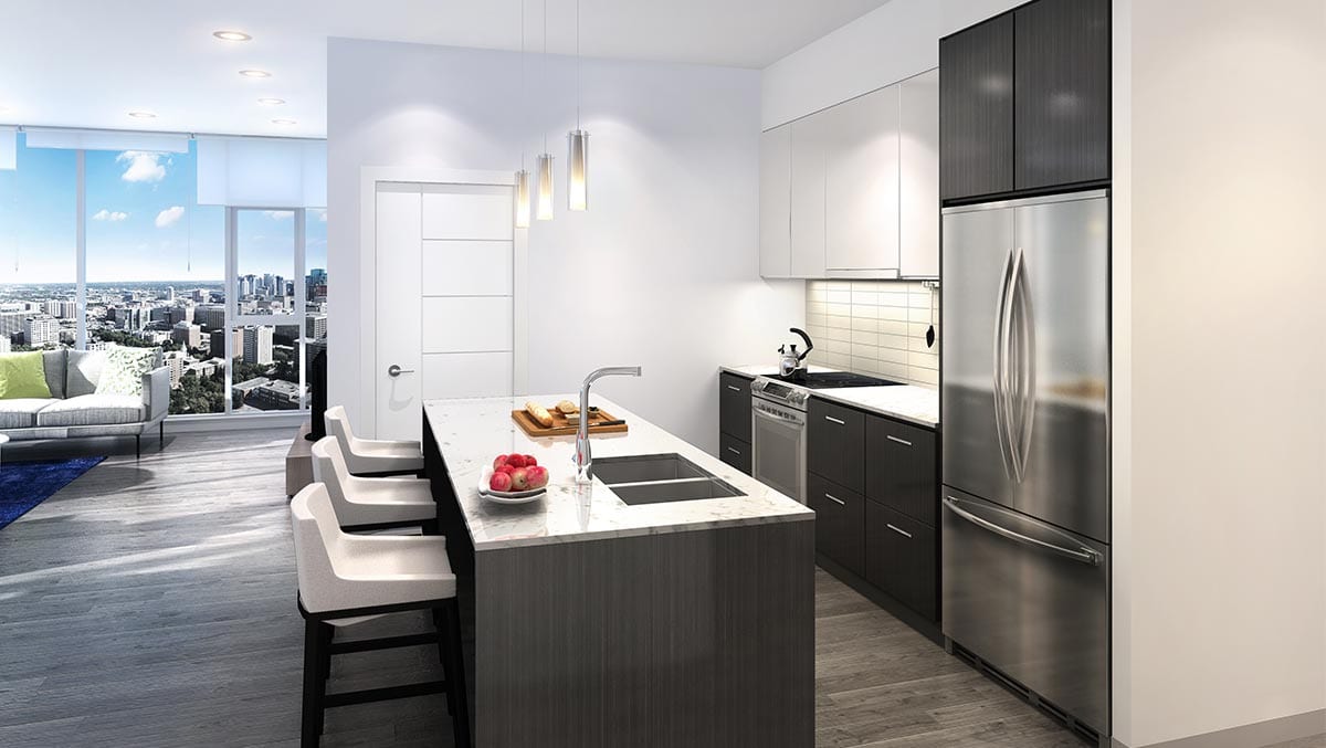 The View, suite kitchen in the dark finish scheme