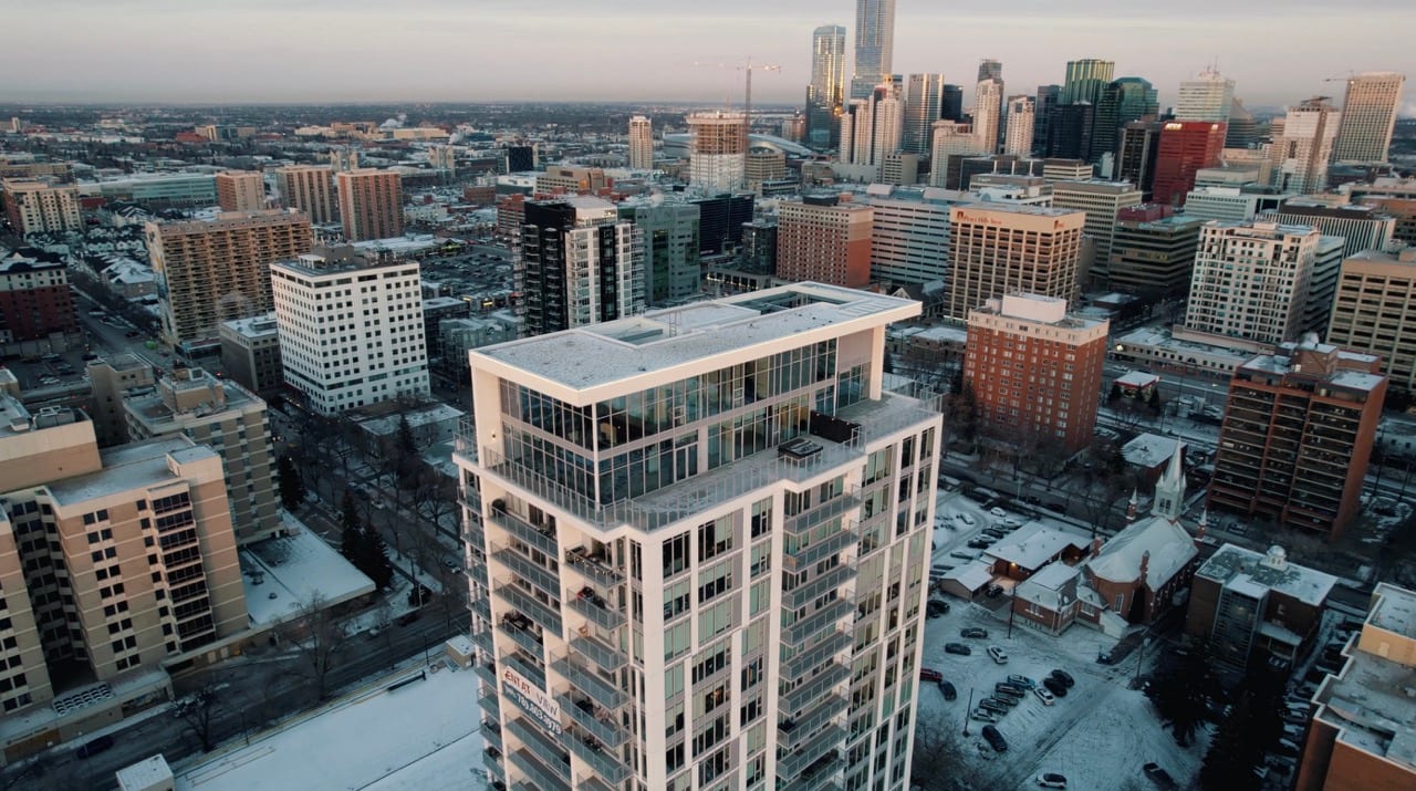 The View in winter, seen from above with downtown Edmonton behind