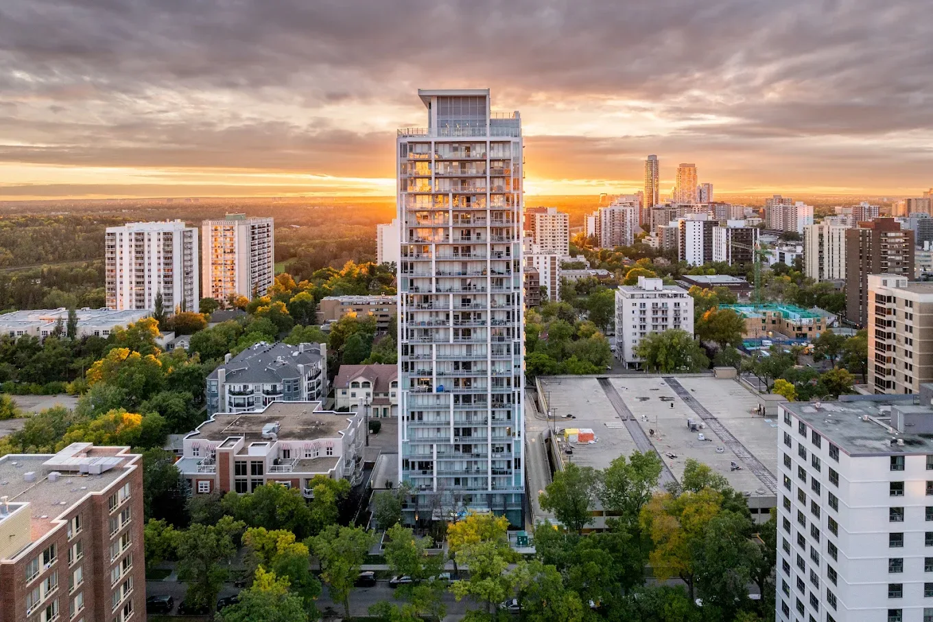 The View at sunset, the completed tower above the North Saskatchewan River valley in Edmonton