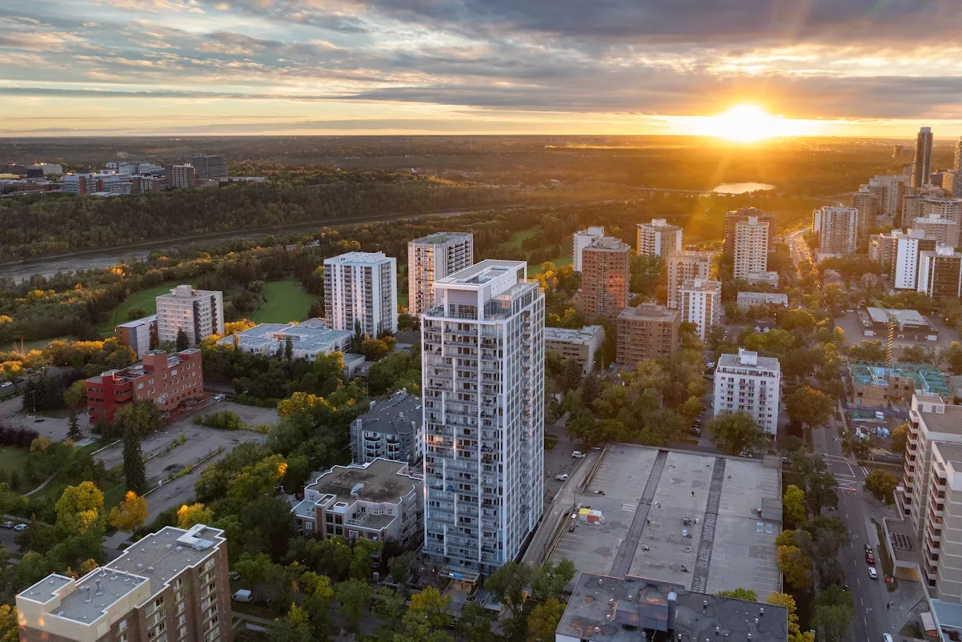 The View from the northwest at sunset, with the river valley and downtown Edmonton beyond