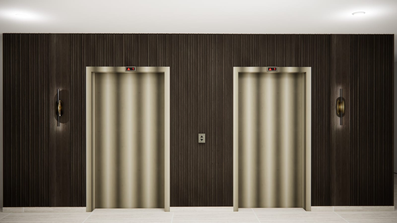 Elevator lobby with fluted dark wood panelling and brass sconces