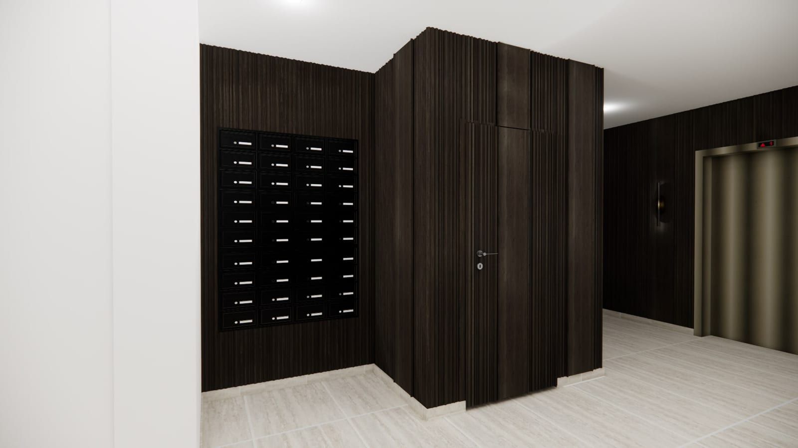 Mail room with resident mailboxes set into fluted dark wood panelling